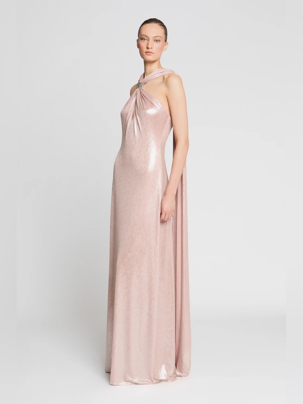 Halston Sofie Metallic Blush Halter Draped Cape Gown
